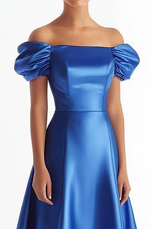 A Line Royal Blue Satin Long Ruffled Formal Dress