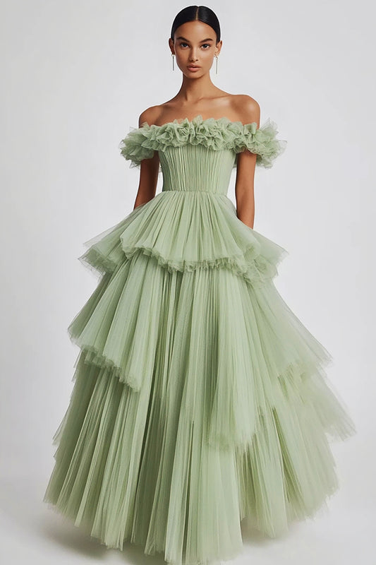 Dusty Sage Tulle Off the Shoulder Long Formal Dress with Ruffles