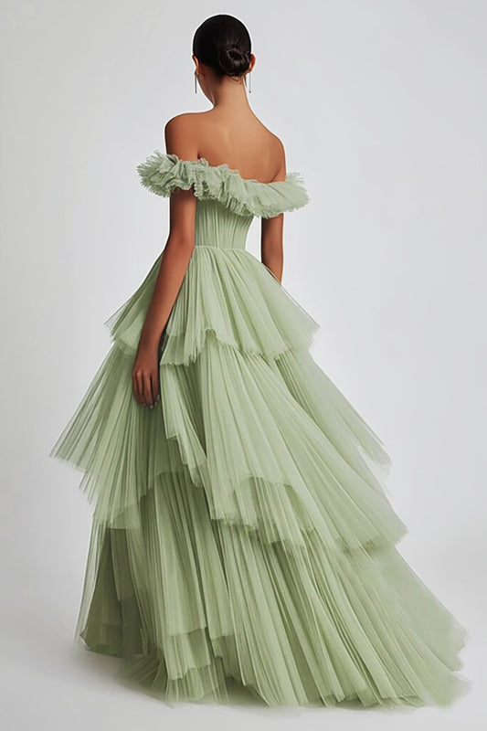 Dusty Sage Tulle Off the Shoulder Long Formal Dress with Ruffles