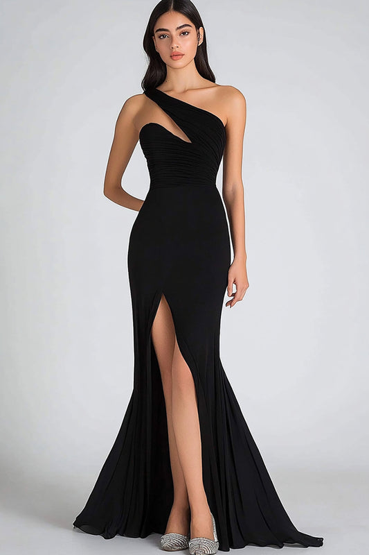 Chiffon Mermaid Keyhole Long Black Tie Dress with Slit