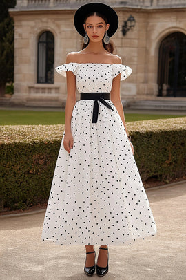 Black&White A Line Off the Shoulder Long Formal Dress with Ruffles