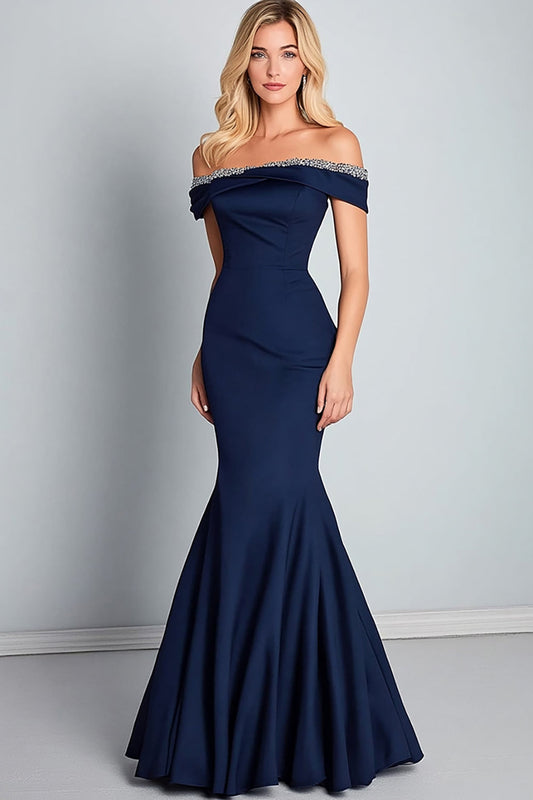 Navy Mermaid Off the Shoulder Long Formal Dress