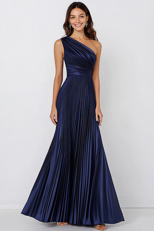 One Shoulder Navy Satin A Line Pleated Long Formal Dress