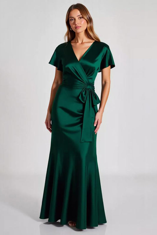 Dark Green Sheath Satin Long Formal Dress with Short Sleeves