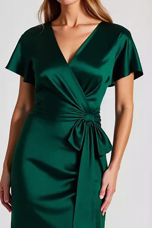 Dark Green Sheath Satin Long Formal Dress with Short Sleeves