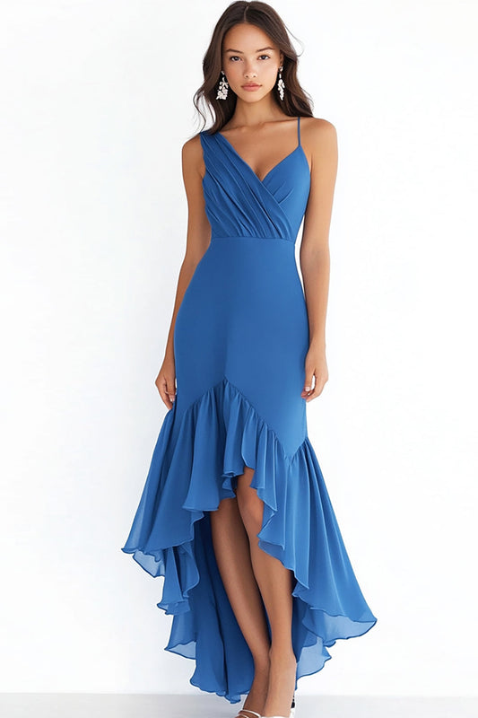 Blue Chiffon Sheath High Low V-Neck Formal Dress