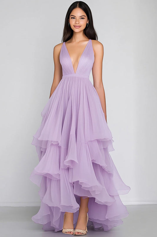 Lilac Tulle A Line Tiered Long Asymmetrical Formal Dress