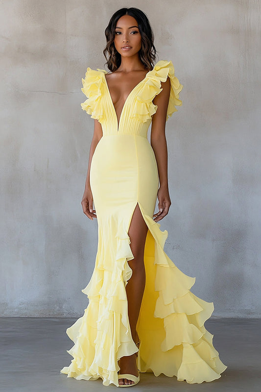 Yellow Chiffon Mermaid Long Formal Dress with Ruffles
