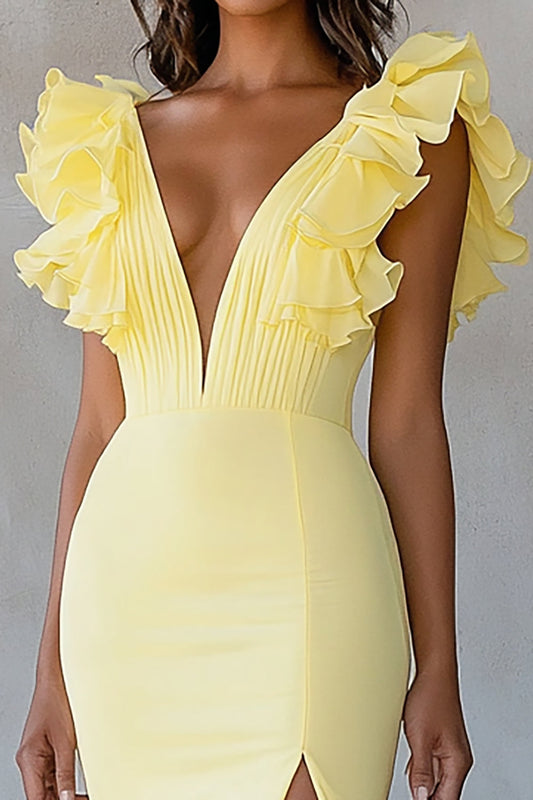Yellow Chiffon Mermaid Long Formal Dress with Ruffles