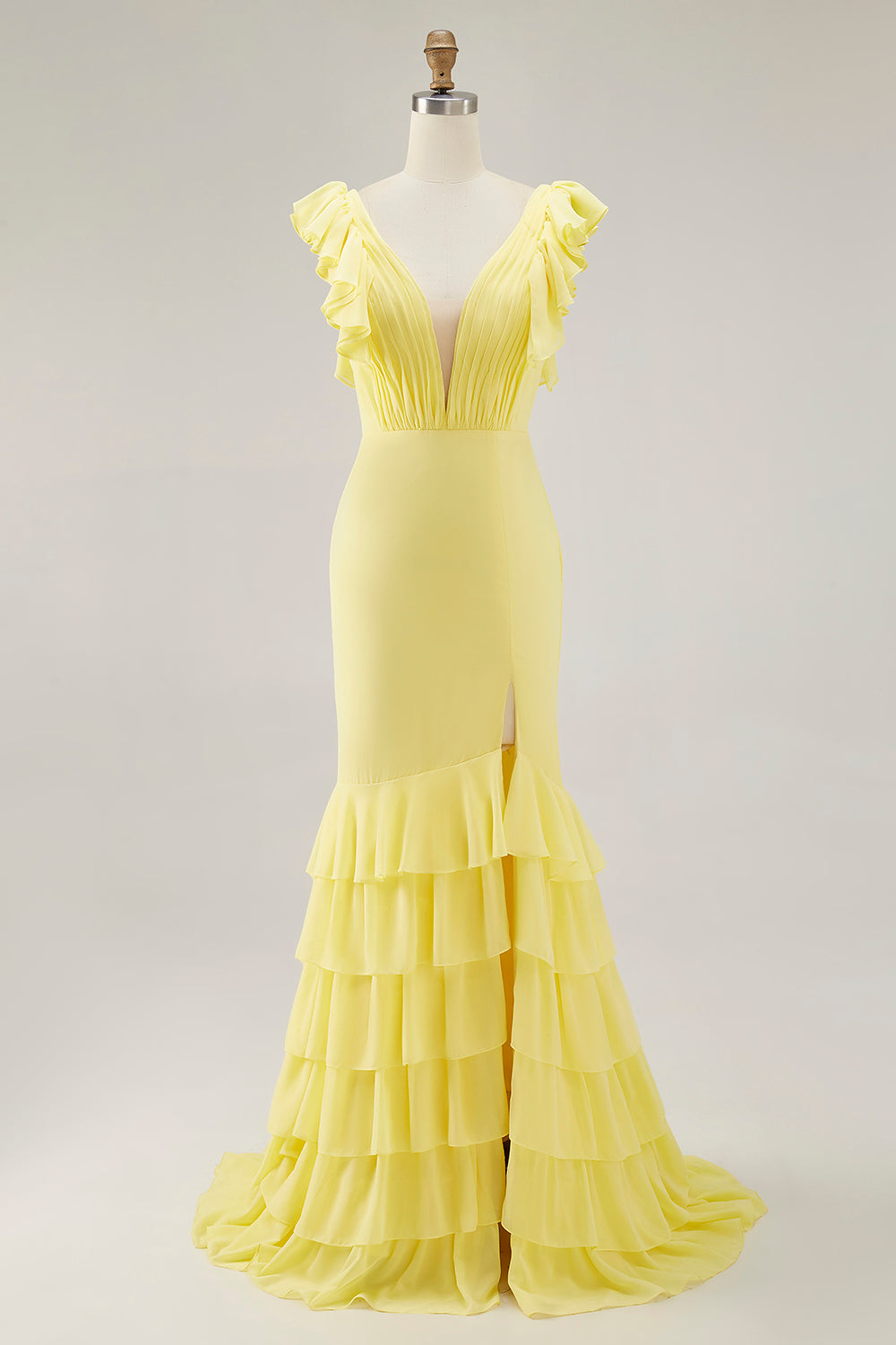 ZAPAKASA Women Yellow Chiffon Ruffled Long Formal Dress with Slit Mermaid Deep V-Neck Short Sleeves Prom Dress ZAPAKASA Women Yellow Chiffon Ruffled Long Formal Dress with Slit Mermaid Deep V-Neck Short Sleeves Prom Dress