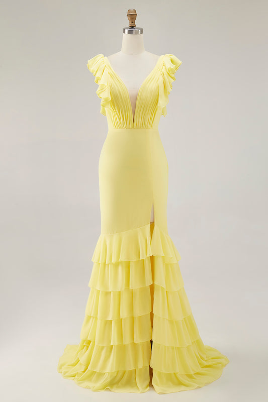 Yellow Chiffon Mermaid Ruffled Long Formal Dress with Slit