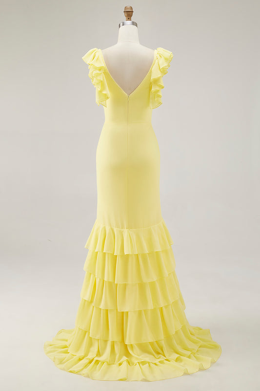 Yellow Chiffon Mermaid Ruffled Long Formal Dress with Slit