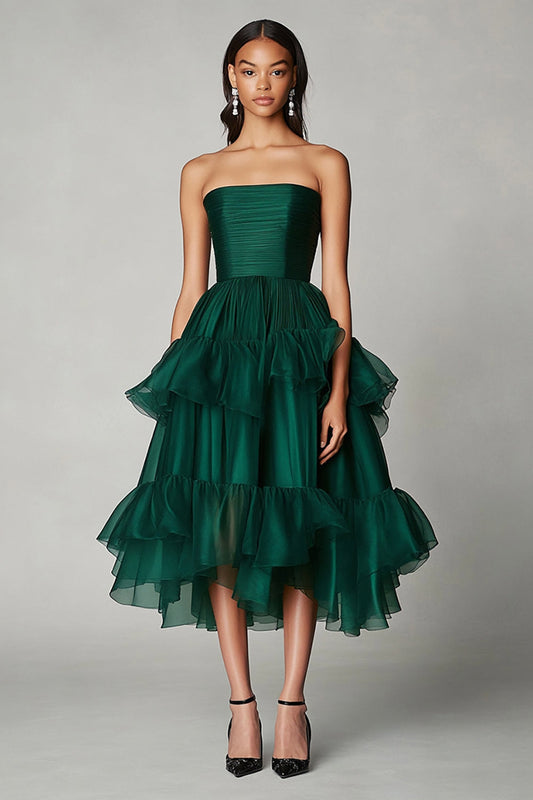 A Line Dark Green Square Neck Tiered Long Formal Dress