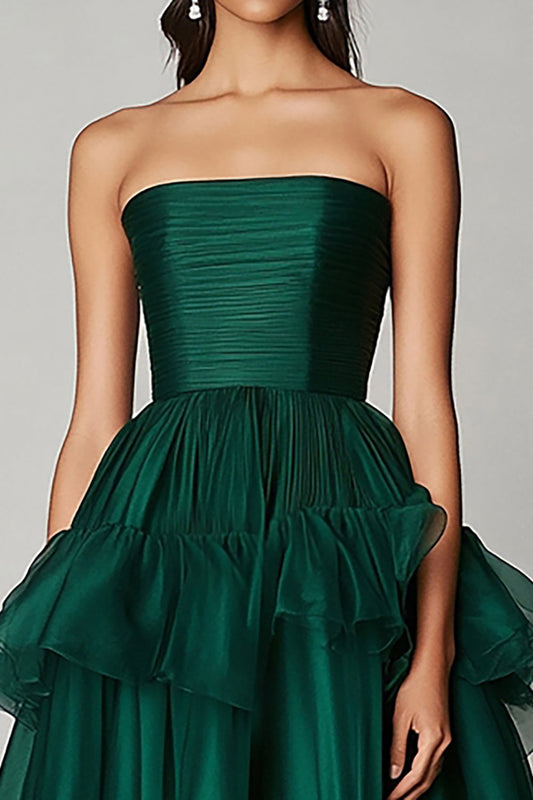 A Line Dark Green Square Neck Tiered Long Formal Dress