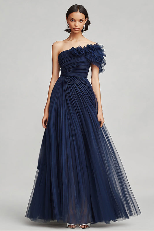 Navy Tulle A Line Long One Shoulder Formal Dress with Ruffles