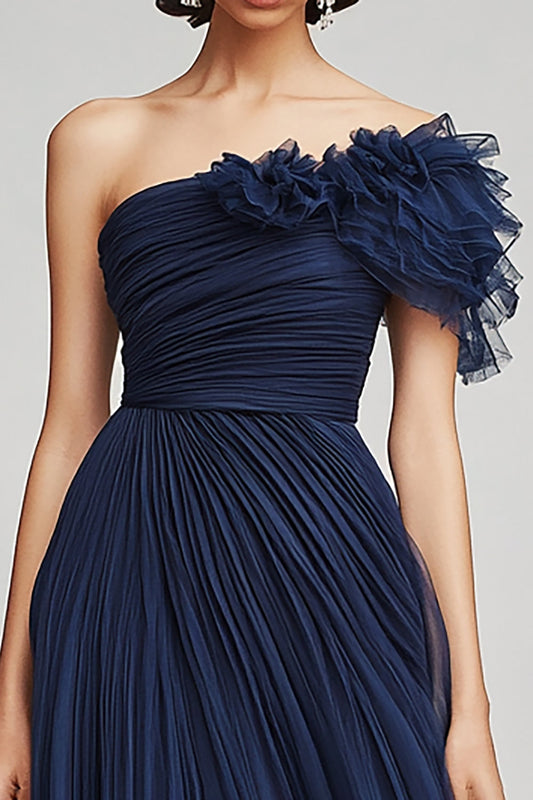 Navy Tulle A Line Long One Shoulder Formal Dress with Ruffles