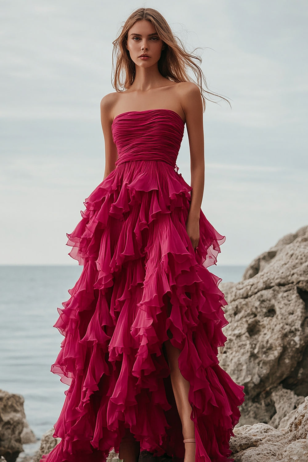 ZAPAKASA Women Fuchsia Tulle Long Prom Dress with Ruffles A Line Strapless Ruched Tiered Formal Dress ZAPAKASA Women Fuchsia Tulle Long Prom Dress with Ruffles A Line Strapless Ruched Tiered Formal Dress
