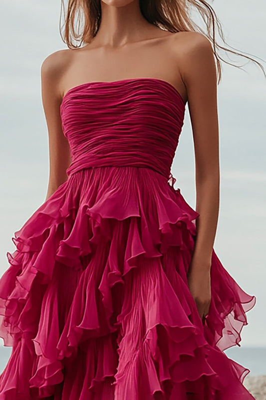 Fuchsia Tulle A Line Tiered Long Formal Dress with Ruffles