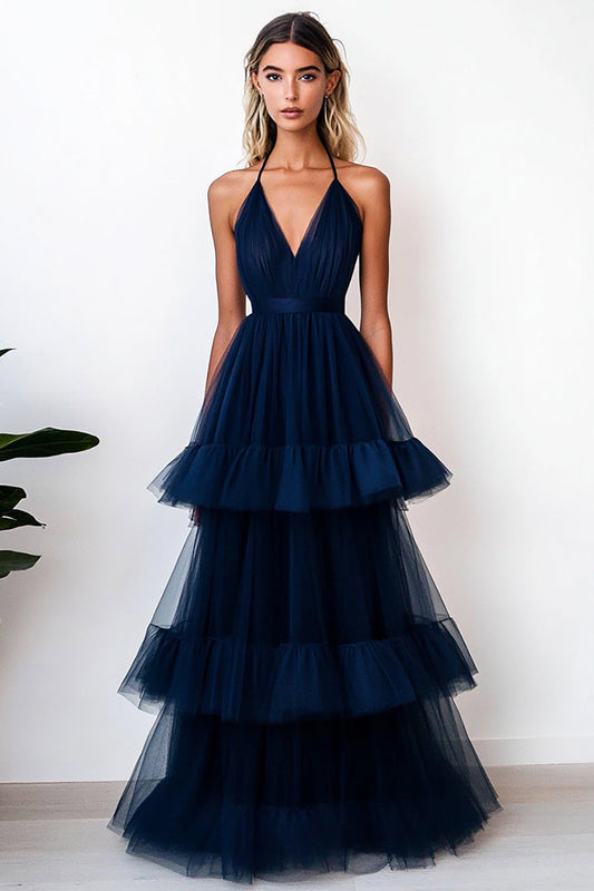 Navy Tiered Deep V-Neck Tulle Long A Line Formal Dress