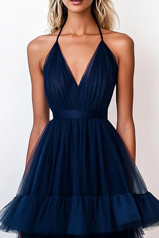 Navy Tiered Deep V-Neck Tulle Long A Line Formal Dress