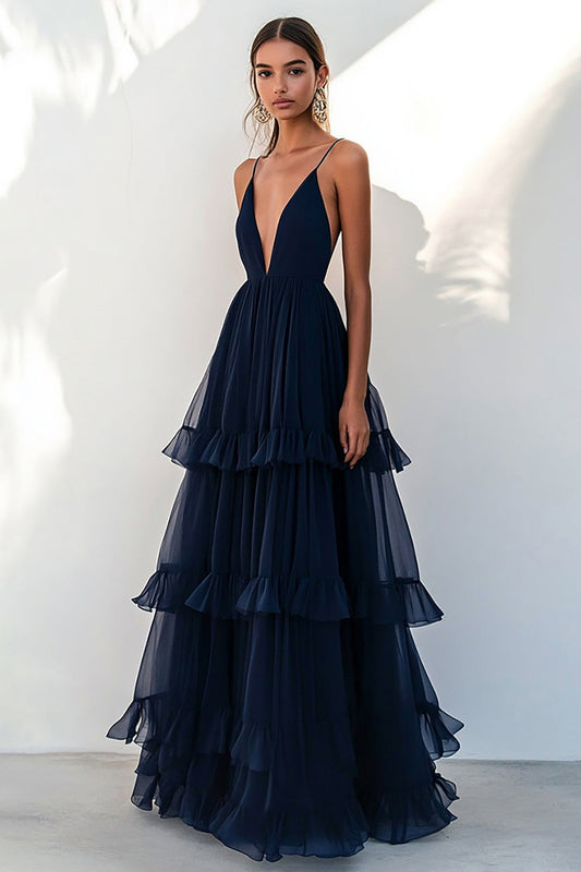 Navy Tulle Deep V-Neck A Line Tiered Long Formal Dress