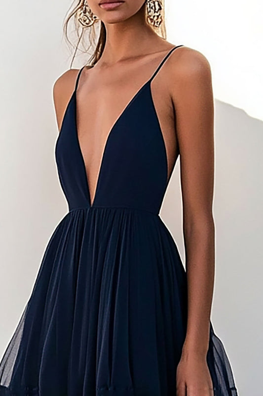 Navy Tulle Deep V-Neck A Line Tiered Long Formal Dress