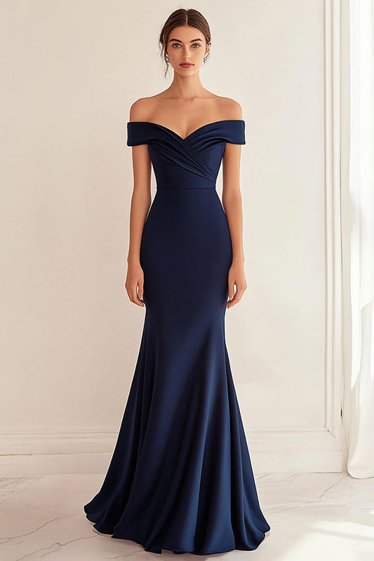 Navy Satin Off the Shoulder Sheath Long Formal Dress