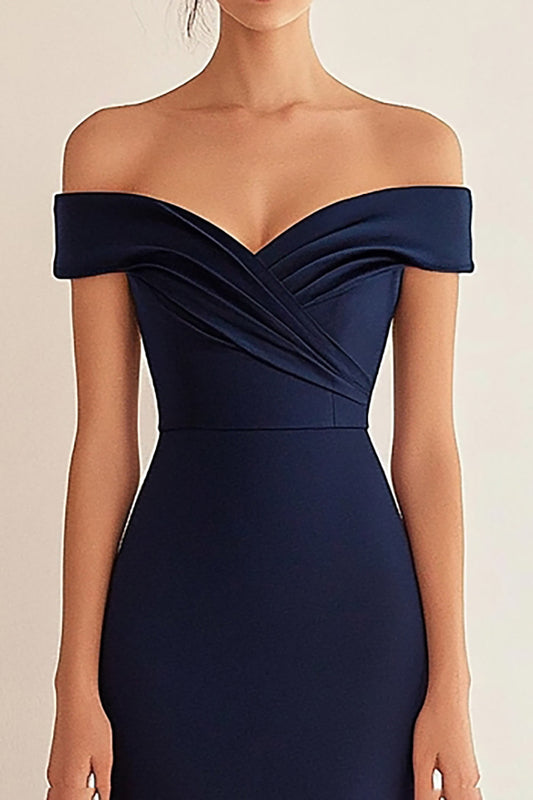 Navy Satin Off the Shoulder Sheath Long Formal Dress