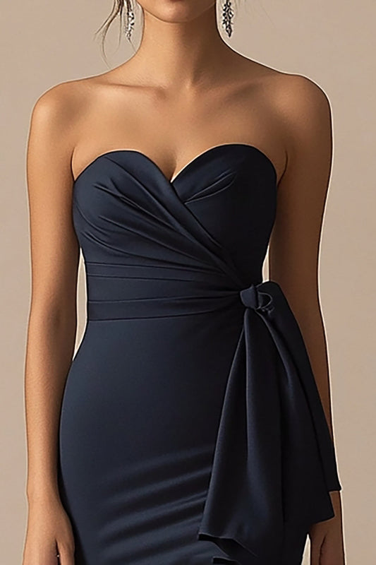Navy Mermaid Strapless Long Formal Dress with Slit
