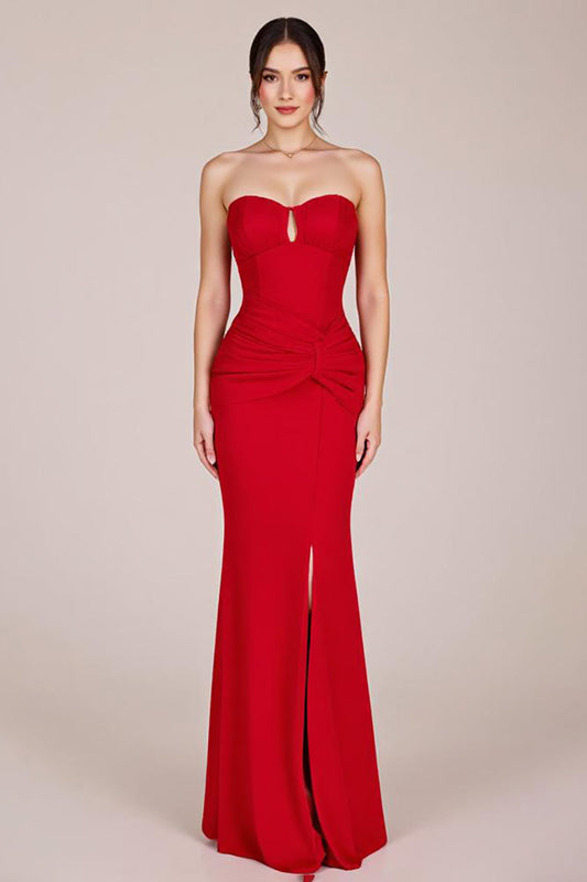 Red Strapless Sheath Long Backless Formal Dress with Slit