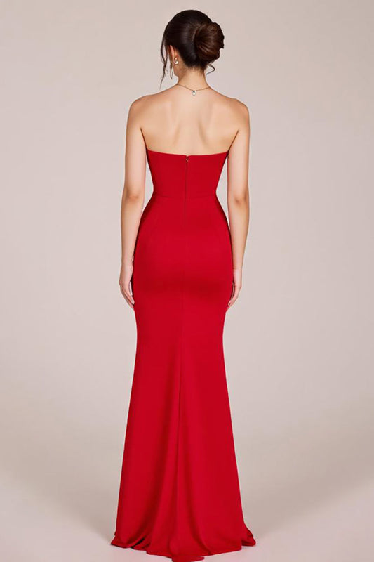 Red Strapless Sheath Long Backless Formal Dress with Slit