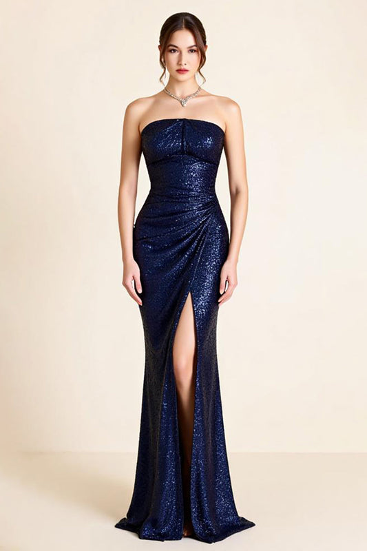 Navy Sheath Strapless Long Glitter Formal Dress with Slit