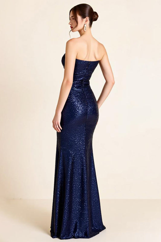 Navy Sheath Strapless Long Glitter Formal Dress with Slit