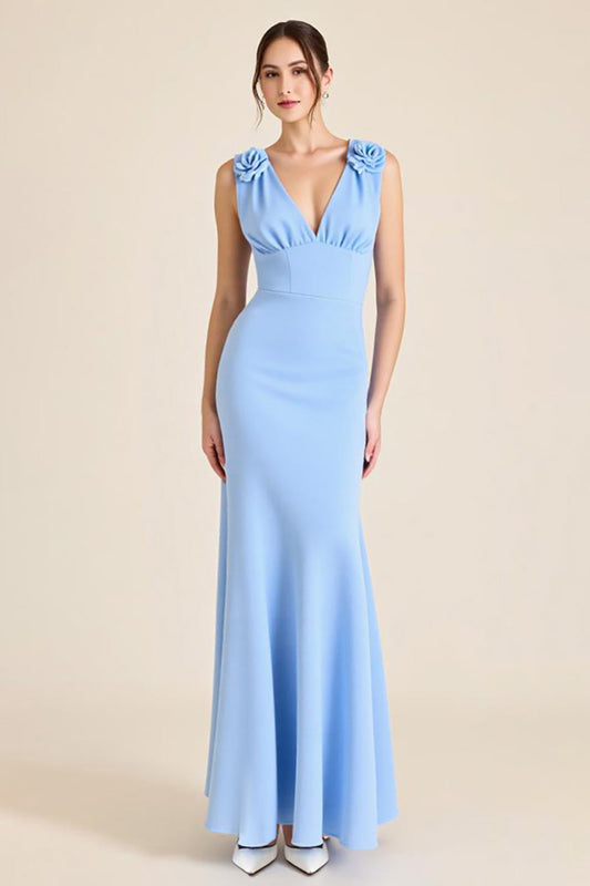 Sky Blue Sheath V-Neck Long Formal Dress with 3D Flowers
