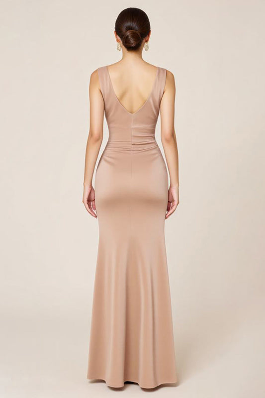 Neutral Satin Sheath Sleeveless Long Formal Dress with Slit