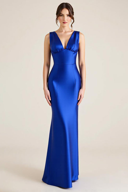 Sheath Royal Blue V-Neck Satin Long Sleeveless Formal Dress