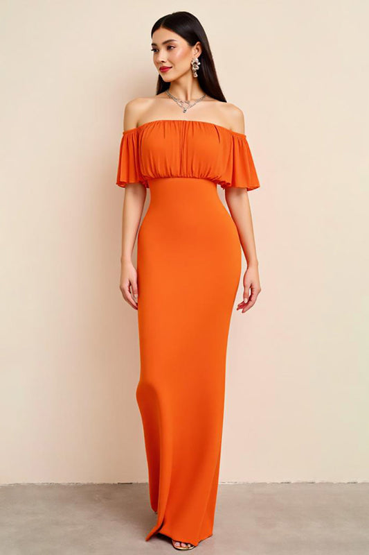 Orange Sheath Off the Shoulder Long Ruffles Formal Dress