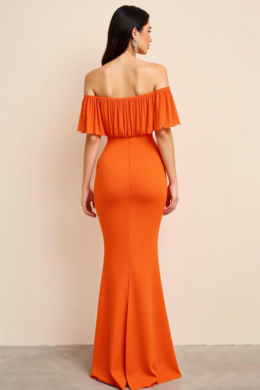 Orange Sheath Off the Shoulder Long Ruffles Formal Dress