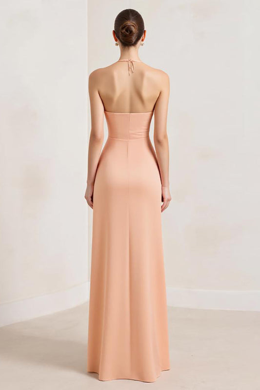 Peach A Line Chiffon Deep V-Neck Halter Long Formal Dress