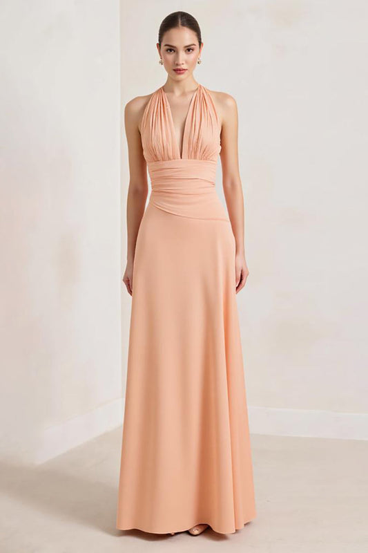Peach A Line Chiffon Deep V-Neck Halter Long Formal Dress