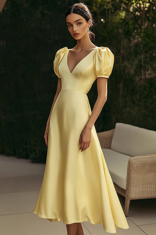 A Line Yellow V-Neck Long Formal Dress with Puff Sleeves