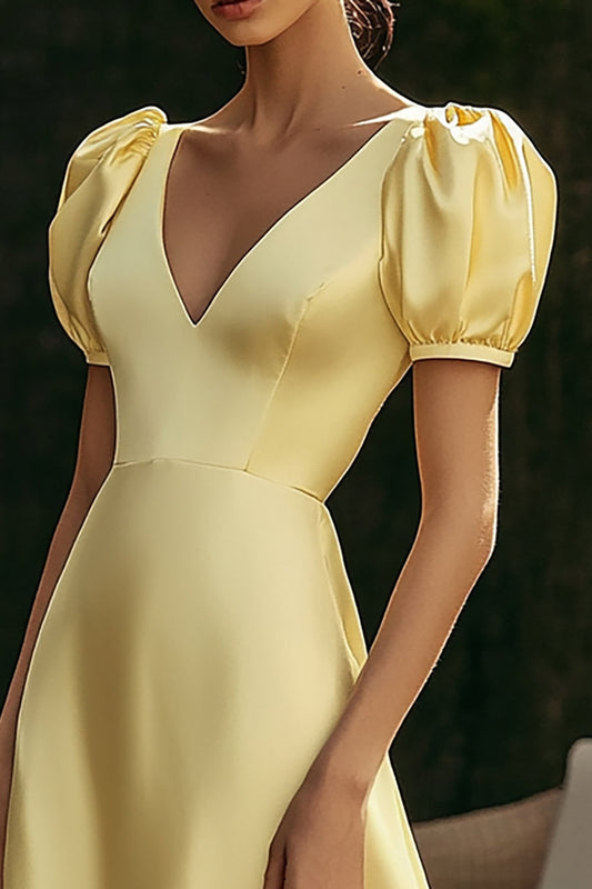 A Line Yellow V-Neck Long Formal Dress with Puff Sleeves