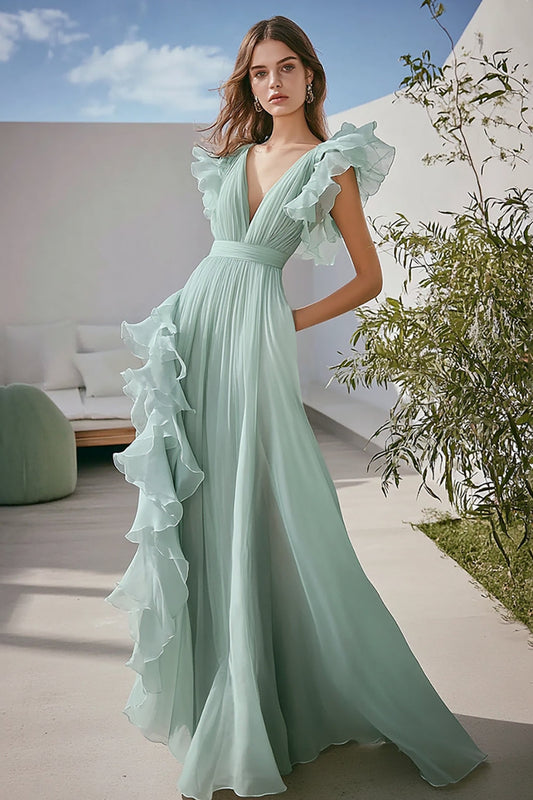 Tulle Light Green Deep V-Neck Long Formal Dress with Ruffles