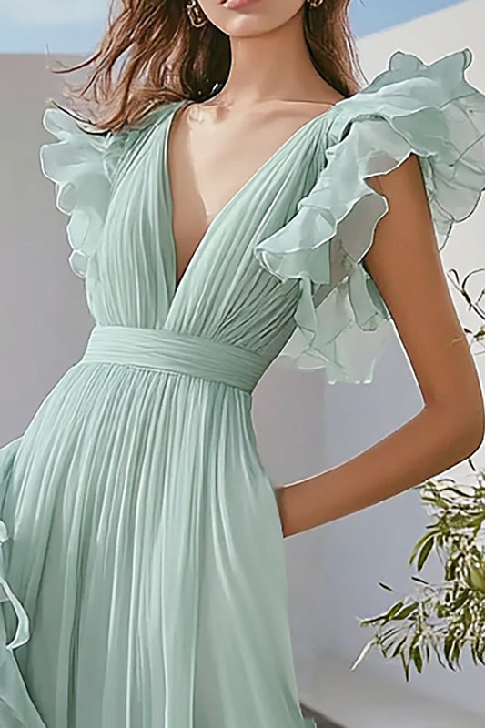 Tulle Light Green Deep V-Neck Long Formal Dress with Ruffles