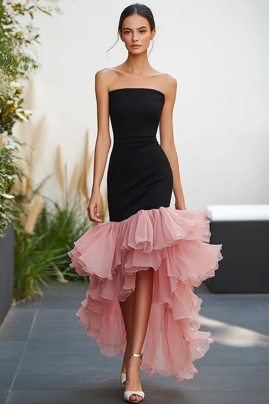 Black&Pink Sheath Square Neck Long Formal Dress with Ruffles