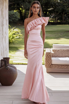 Pink Sheath One Shoulder Satin Long Formal Dress