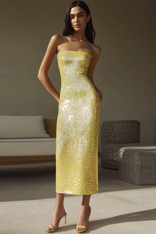 Sparkly Yellow Sequins Sheath Long Formal Dress