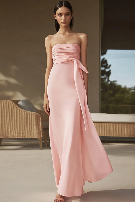 Pink Sheath Strapless Long Ruched Formal Dress with Cap