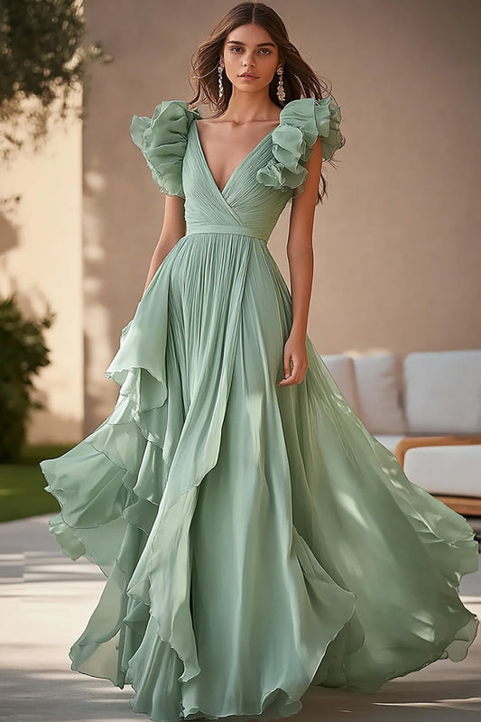 Light Green Tiered Long Chiffon Formal Dress with Ruffles