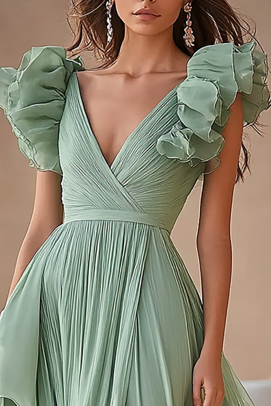 Light Green Tiered Long Chiffon Formal Dress with Ruffles